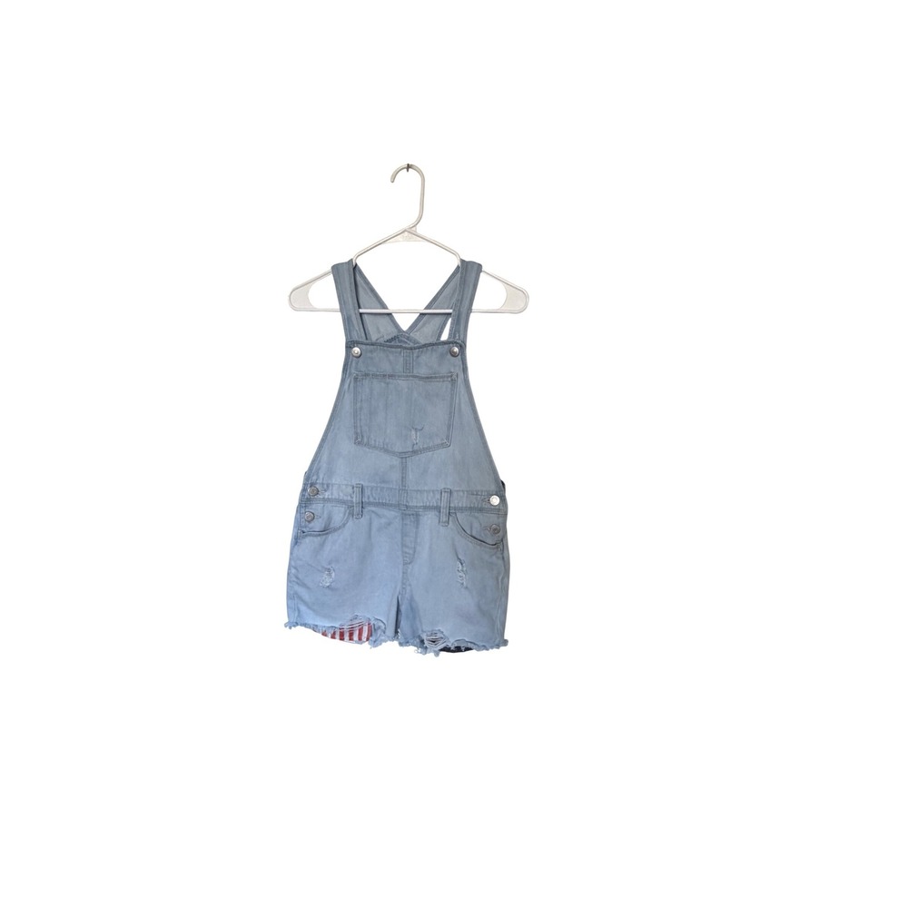 Old Navy Girls XL 14 Light Wash Distressed American Flag Denim Short Overalls - Picture 6 of 7